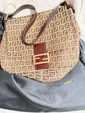 Fendi Tan and Brown FF Canvas Shoulder Bag with Gold Buckle